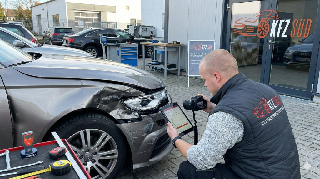 Gutachter dokumentiert Unfallschaden an Auto vorne