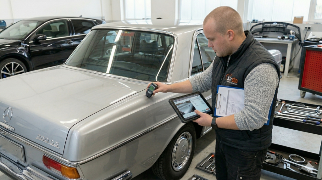 Gutachter prüft Lackdicke an klassischem Mercedes