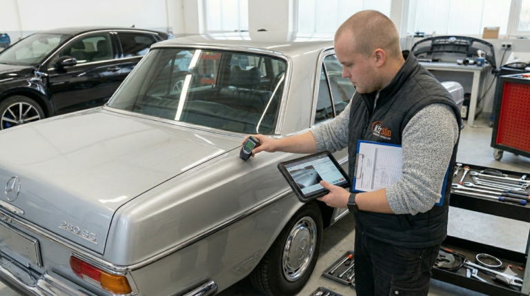 Gutachter prüft Lackdicke an klassischem Mercedes